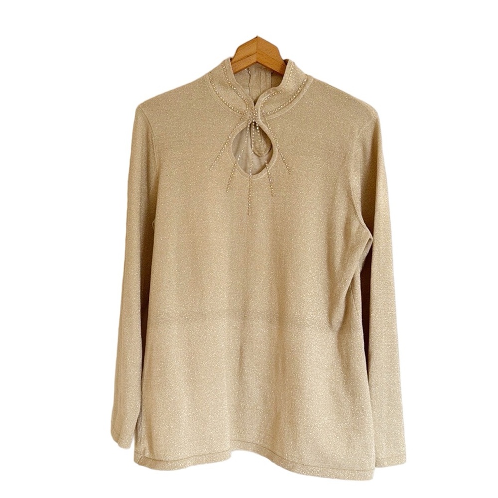 Reba Gold Metallic Keyhole Rhinestone Long Sleeve Blouse Top size L